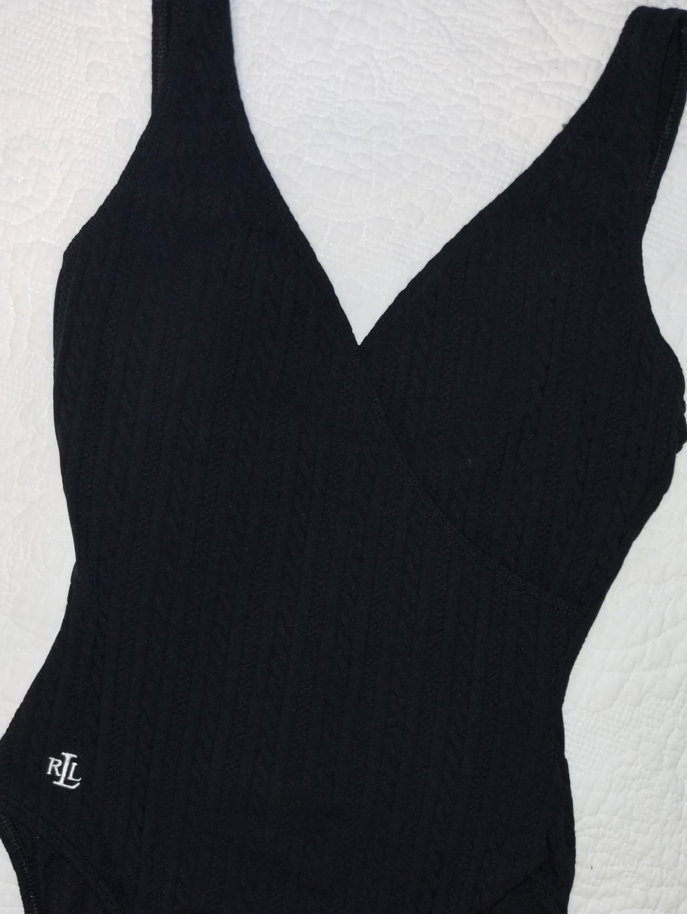 Ralph Lauren Black Cable-Knit Surplice One-Piece Swimsuit